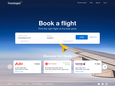 Travel B2B Landing page branding deals design flight flight booking icons landing page login login box offers ui ux website