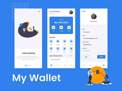 E Money App app application blue electronic experience gold illustration interface money profile ui ui ux wallet
