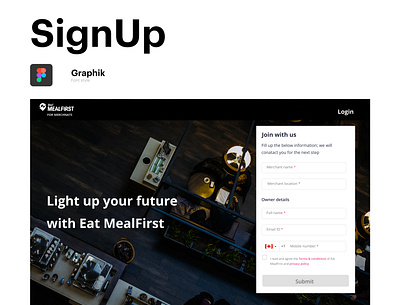 Restaurant SignUp page app branding design ui ux vector