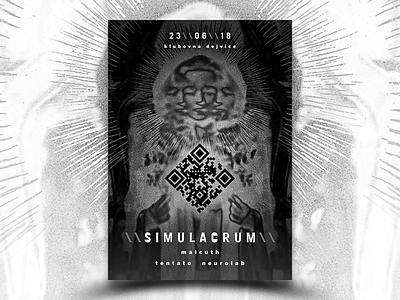 Simulacrum poster black white code concert event face grayscale hands head music poster poster art qr qrcode typogaphy