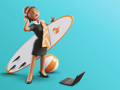 Foncia | 🏄‍♀️ A businesswoman busy during summer holidays 🏄‍♀️ 3d blender blendercycles branding character character design illustration marketing marketing campaign trend