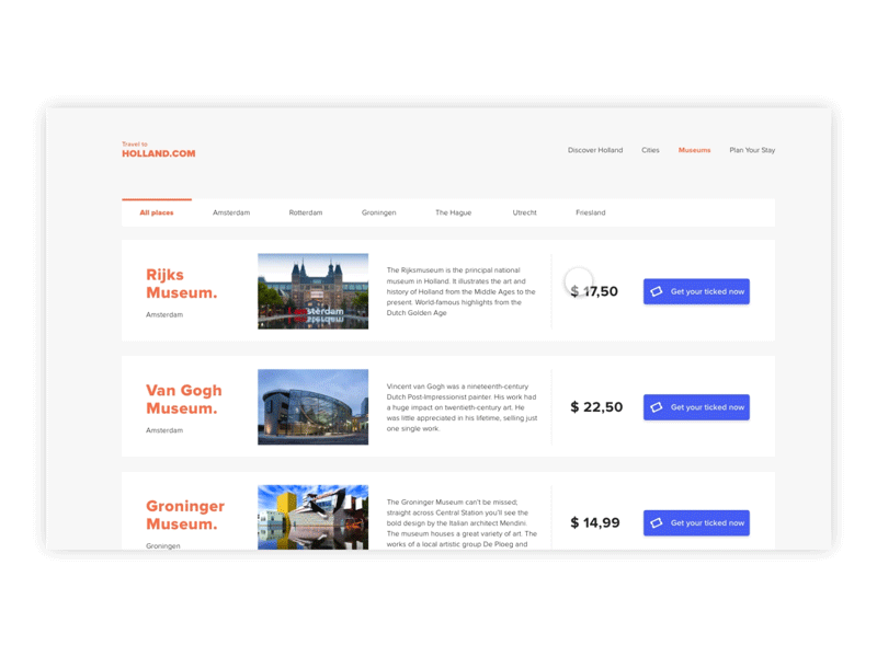 Travel to Holland | Concept design app app design design flat holland list list page minimal museum the netherlands typography ui ui design ux ux design web website