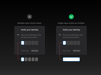One input vs. multiple inputs for confirmation. bad code confirmation design design system design tip good illustration interface learn design ui ui tip usability user experience ux ux tip