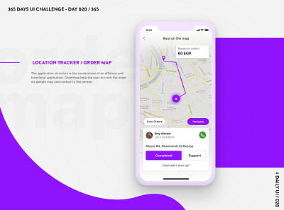 365 DAYS UI CHALLENGE - DAY 020 / 365 - Location Tracker / Order 365daysuichallenge app app design dailyui design location app location tracker locations map mobile app order map purple ui ux