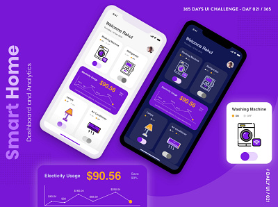 365 DAYS UI CHALLENGE | DAY 021 / 365 | Smart home Dashboar 365daysuichallenge app design concept dailyui mobile app purple smart ui ux