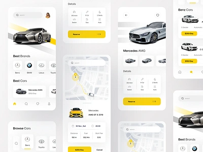 Car Rental App | Part 3 airplanes bill bmw book booking car app car rental cards choose car graphic green illustration ios logo map mercedes search speed ui ux