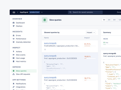 Improved Feature: Slow Queries & API Requests application application monitoring dashboad design development front end saas user experience user interface web