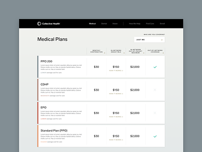 Open Enrollment clean comparison healthcare product product design website