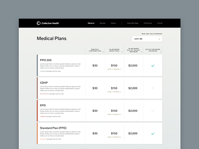 Open Enrollment clean comparison healthcare product product design website