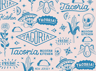 Pattern Design for Tacoria avacado branding food lettering mexican pattern pig rose skull taco