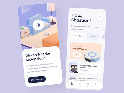 Furniture app exploration 3d 3d illustration app bed exploration explore mobile purple robot sofa ui violet