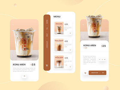 Coffee Shop App - "KONU" beverage coffee drink figma food latte mobile app order starbucks ui design yellow