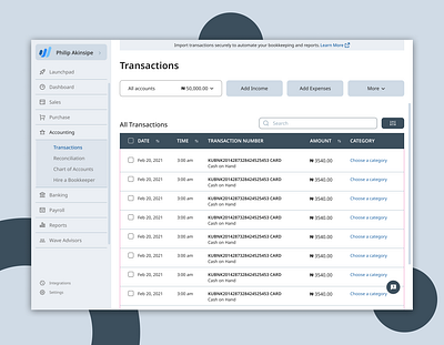 Redesign of Waveapp Transaction Dashboard banking ecommerce design fintech product design ui design ux design