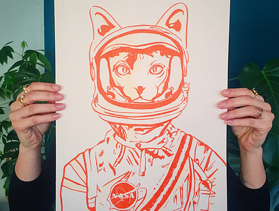 Chastronaute Screen Printing cat chat illustration ink nasa orange paper screen printing space spacesuit sérigraphie