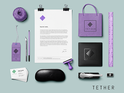 Tether Labs. allison wang appleson design labs logo purple stationary tether