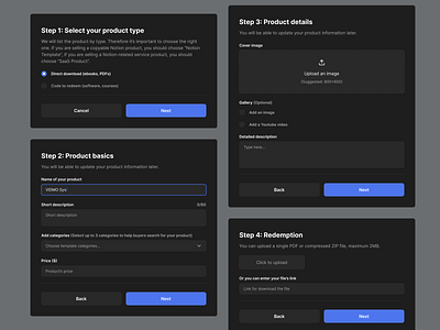 Digital Assets SaaS - Add product Modals components dark mode components dark mode modal dark mode modals dark mode saas dashboard digital products ecommerce digital sell digital selling ecommerce ecommerce digital sell modal modals popup popups product design saas steps ui ux