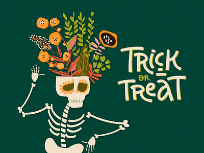 Trick or Treat? colorful fall halloween hand drawn illustration skeleton vector