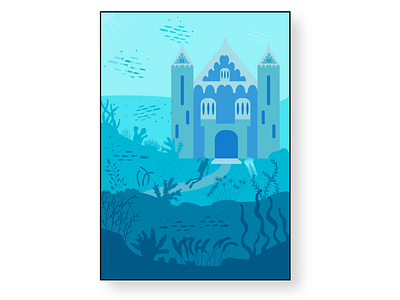 Underwater world with a castle castle design diver illustration sea typography underwear vector web world