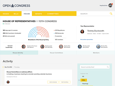 House of Representatives on OpenCongress congress dashboard government landing page open design opencongress opengov panel sunlight foundation ui