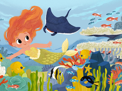Mermaid scene animals children book illustration childrens book cute illustration digital illustration fish illustration kidlitart mermaid mermaids ocean