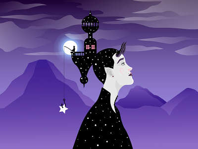 surreal illustration of a witch castle clouds demon design elf fear fish hook fishing fog horns illustration landscape mountains night stars terror vector witch woman