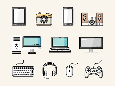 devices and gadgets icons camera computer design devices flat gadgets icon illustration joystick keyboard laptop logo minimal monitor mouse phone screen smartphone vector vector illustration