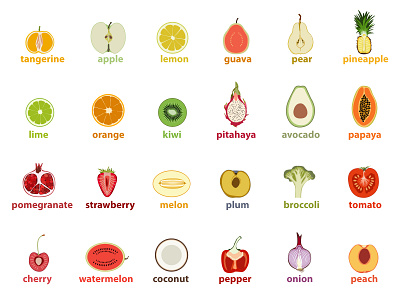 fruits and vegetables vector icons apple avocado cherry fruit icon illustration kiwi lemon melon onion orange peach pear pepper peppers pineapple strawberry tomato vector vegetable