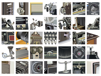 set of retro devices and mechanisms details vector illustrations camera design details device gramophone illustraion keyboard mechanic mechanism old fashion radio record player retro set technology telephone television toggle typewriter vector