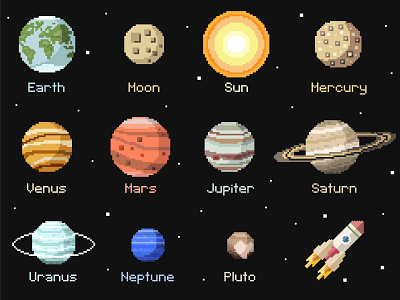 Pixel art planets vector icons