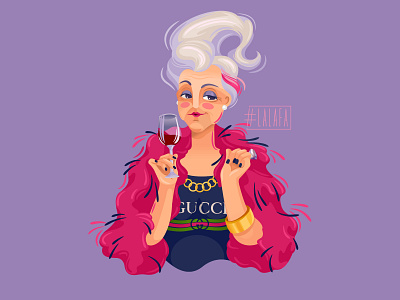 An elderly lady with a glass of red wine boa characters design glass gucci illustration luxury old lady vector wine