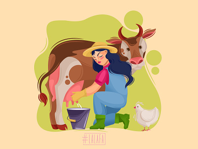 The Milkmaid animals characters chicken cow farm farming girl illustration milk milking vector