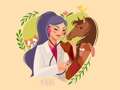 Veterinarian: with love for animals animals bird care characters design dog girl help horse illustration love rabbit treatment vector