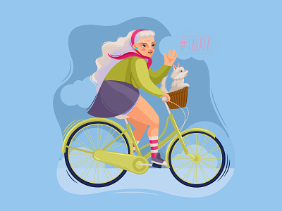 Old lady on a bicycle bicycle characters doggy granny illustration old age speed travel vector walk