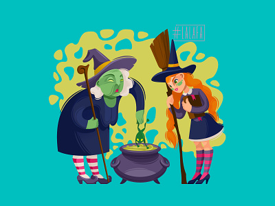 An old witch teaches her granddaughter witchcraft cauldron characters frog girl granddaughter illustration magic potion vector witch witchcraft
