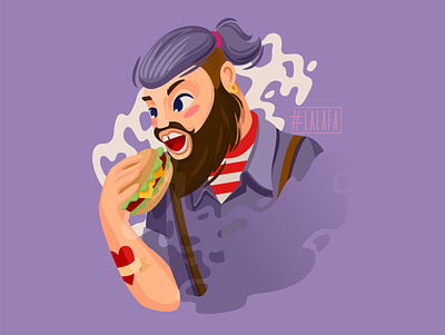 Hipster eats a burger beard burger characters design eating fast food hamburger hot food illustration man vector