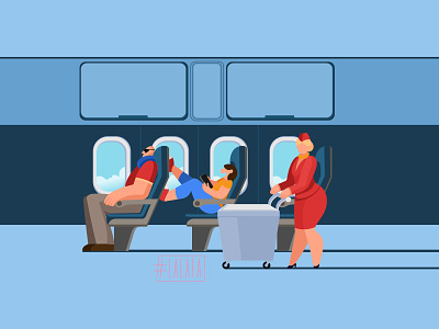 In the cabin of an airplane characters design flight illustration passengers stewardess travel vacation vector