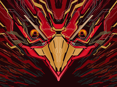 Gold & Red Futuristic Robotic Garuda Head Pattern graphic design