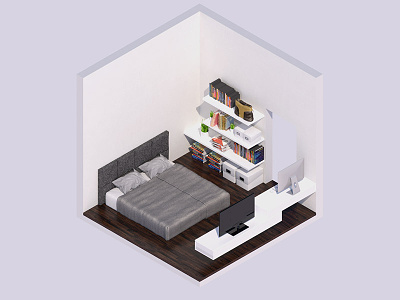 3D Isometric Bedroom Interior Render 3d cube interior iso isometric realistic render