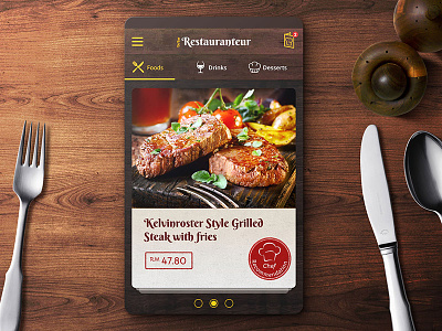 Restaurant Menu Ordering App UI Design app beef dark food menu restaurant steak texture wood