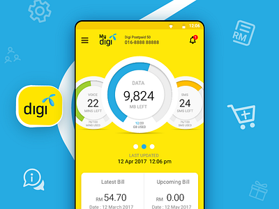 Digi App Re Design android app blue digi malaysia telco ui yellow