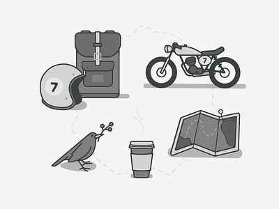 Travel set bird cafe racer coffee friday illustrations map motorcycle noir travel weekend