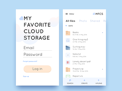Mobile Client for Cloud Storage blue clear cloud storage interface log in low contrast mobile client sign up ui ux