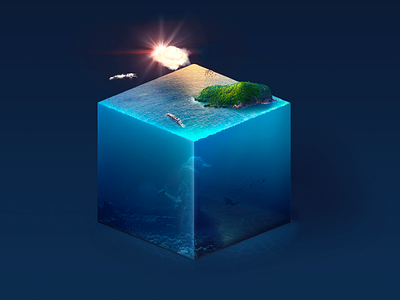 the ocean cube blue cloud cube diving icon island ocean photoshop sea ship sun water