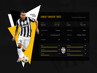 Carlos Tevez (Juventus Legend) card carlos tevez dark football juventus player players soccer stats ui webdesign