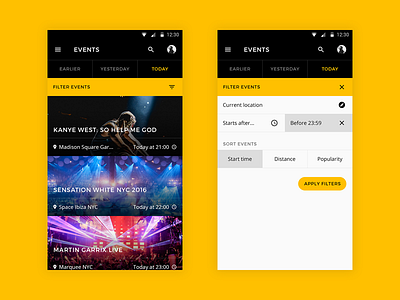 Events (Material Design) android app design events filters material material design mobile ui