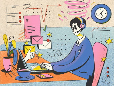 Working hard artwork computer digital illustration editorial editorial illustration illustration modern office people person place work working