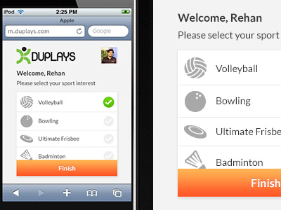 Choose your sport interests application beautiful clean creative duplays interest iphone web registration sport