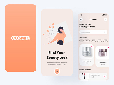 Cosmic a online cosmetic product selling app adobexd app appdesign appui branding csometicapp design ecommerceapp ecommerceaui ecommmercetemplate figma graphic design ui userinterface ux