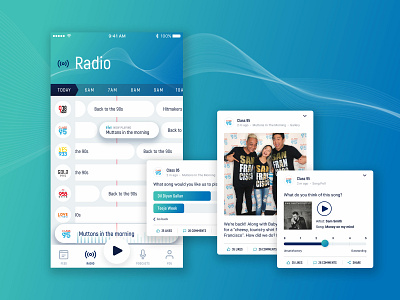 MeRadio android app application ui blue design interface desktop desktop app discover music ios minimal music player new releases now playing view player radio playlist