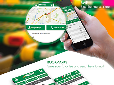 Prisma - Mobile site bookmarks flat green hypermarket iphone map mobile ui website